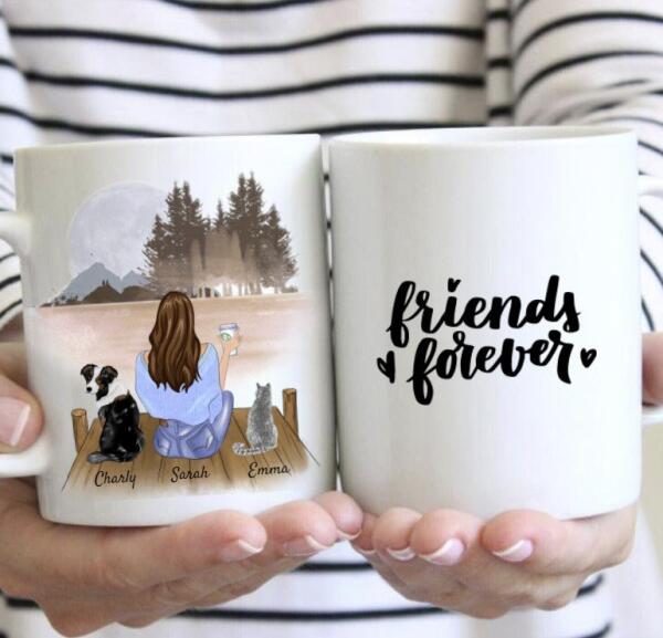 Frau mit Hund, Katze & Getränk - Personalisierte Tasse