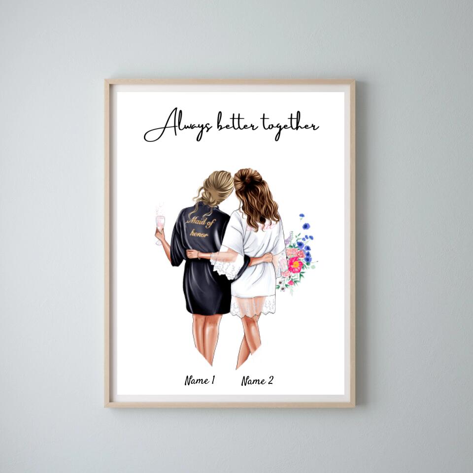 Braut & Trauzeugin in Satin Roben- Personalisiertes Poster zur Verlobung/Hochzeit