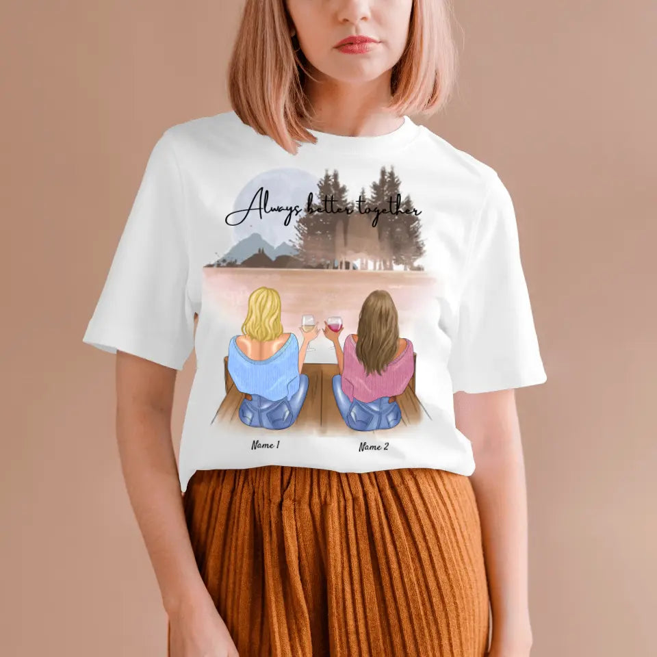 Beste Freundinnen mit Getränk - Personalisiertes T-Shirt (100% Baumwolle, Unisex)