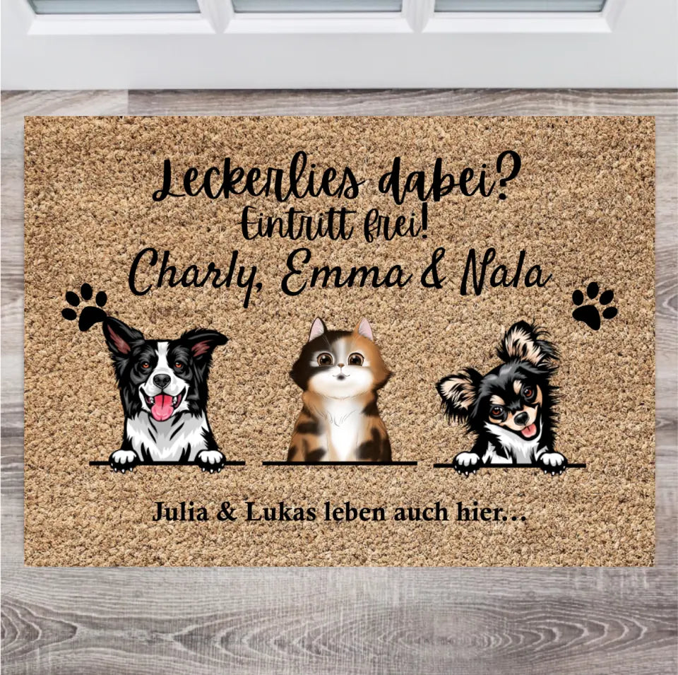 Leckerlies dabei? Eintritt Frei - Personalisierte Fußmatte mit Haustieren