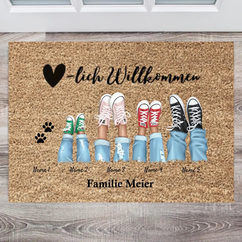Herzlich Willkommen - Personalisierte Fußmatte für innen & aussen (2-8 Personen, Kinder & Haustiere)