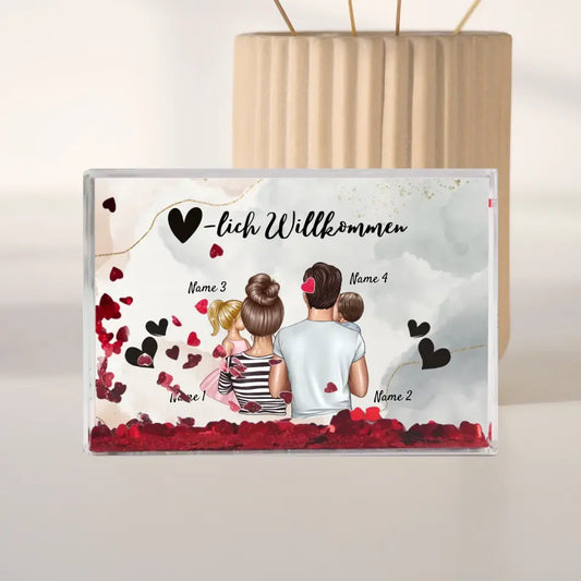 Personalisierter Schüttelrahmen - Unsere Familie (Eltern mit 1-4 Kindern), Schneekugel Geschenk, Herzkonfetti