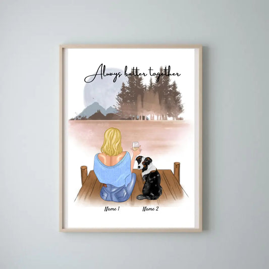 Frauchen mit Haustier - Personalisiertes Poster (Frau mit 1-2 Katzen oder Hunde)