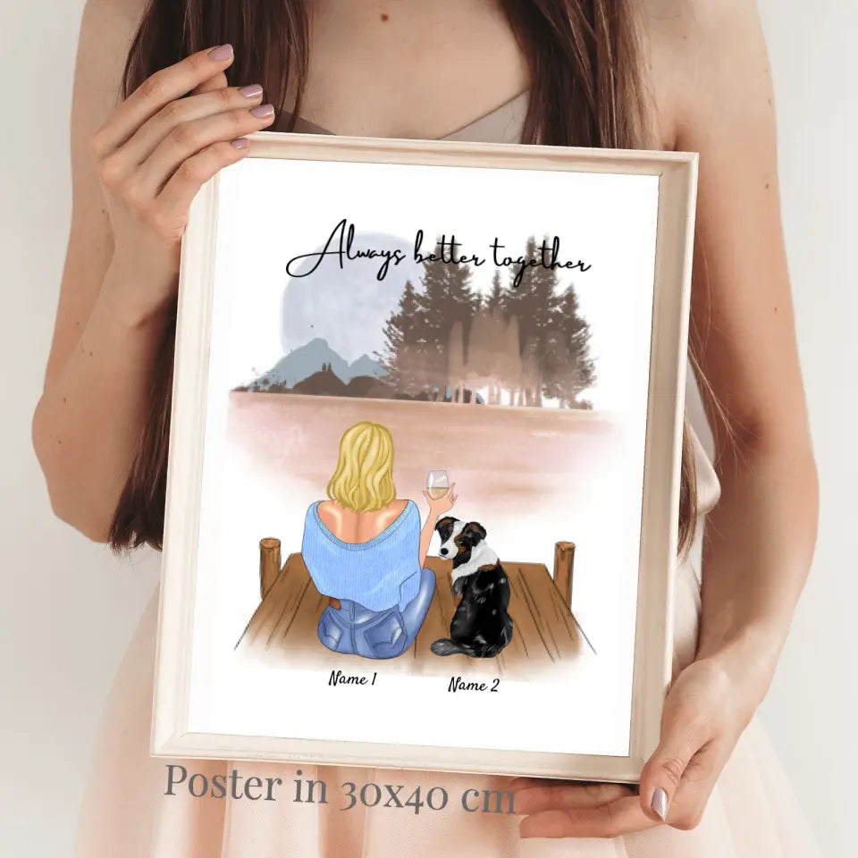 Frauchen mit Haustier - Personalisiertes Poster (Frau mit 1-2 Katzen oder Hunde)