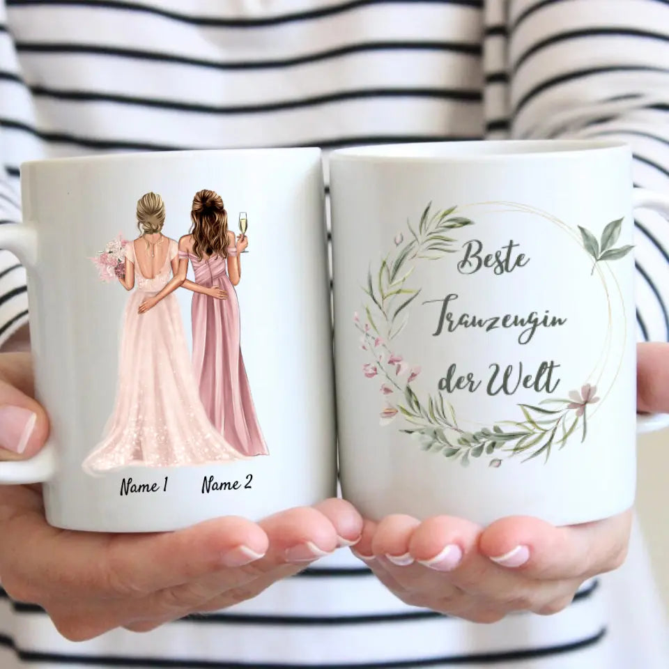 Braut mit Trauzeugin/ Brautjungfer - Personalisierte Tasse zur Verlobung/ Hochzeit