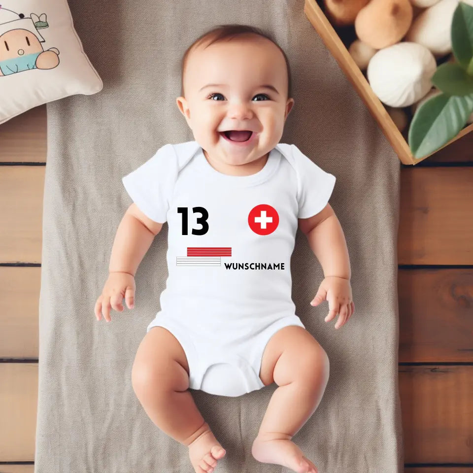 Fussball Schweiz - Personalisierter Baby-Onesie/ Strampler, Trikot mit anpassbarem Namen und Trikotnummer, 100% Bio-Baumwolle Baby Body