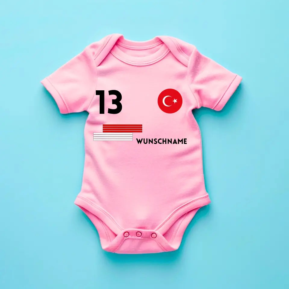 Fussball Türkei - Personalisierter Baby-Onesie/ Strampler, Trikot mit anpassbarem Namen und Trikotnummer, 100% Bio-Baumwolle Baby Body
