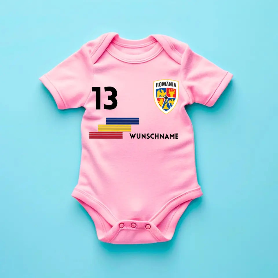 Fussball Rumänien - Personalisierter Baby-Onesie/ Strampler, Trikot mit anpassbarem Namen und Trikotnummer, 100% Bio-Baumwolle Baby Body