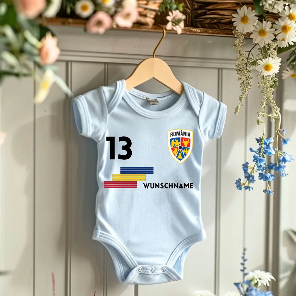 Fussball Rumänien - Personalisierter Baby-Onesie/ Strampler, Trikot mit anpassbarem Namen und Trikotnummer, 100% Bio-Baumwolle Baby Body