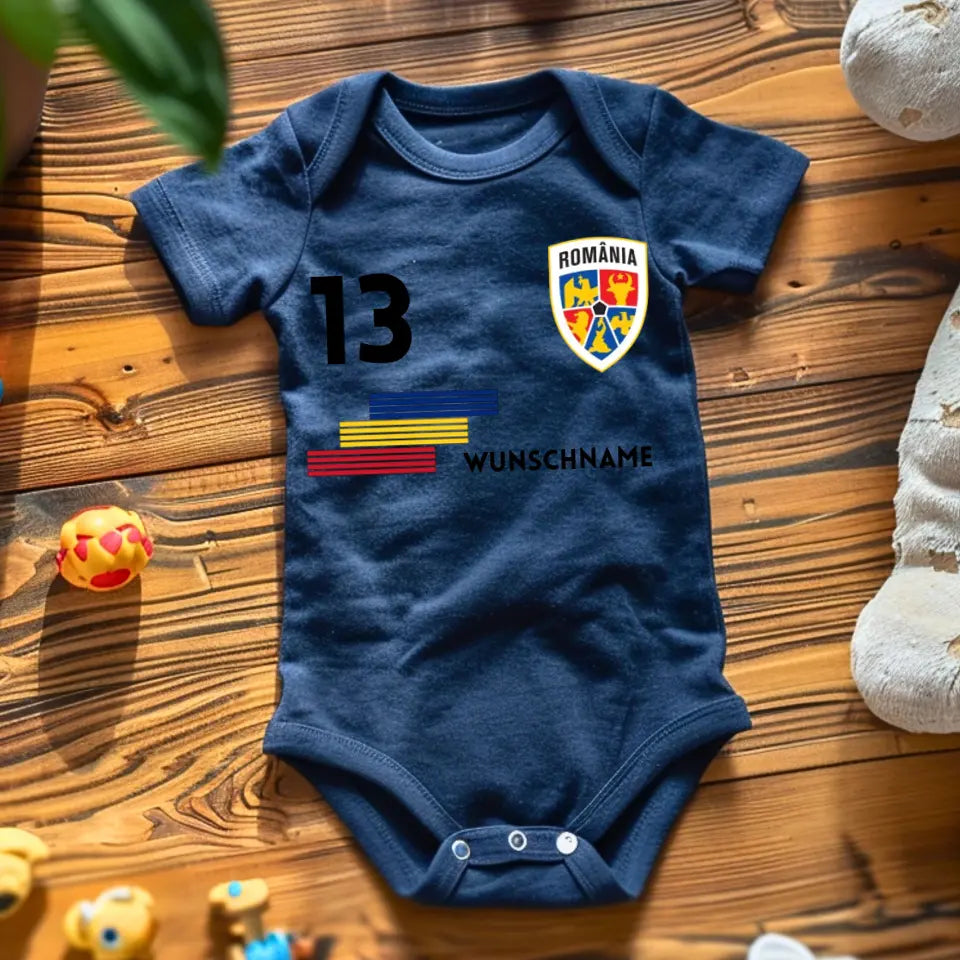 Fussball Rumänien - Personalisierter Baby-Onesie/ Strampler, Trikot mit anpassbarem Namen und Trikotnummer, 100% Bio-Baumwolle Baby Body