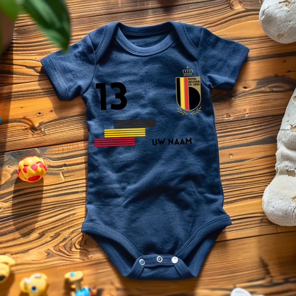 België voetbalshirt - Gepersonaliseerd babyrompertje met naam en rugnummer, 100% biologisch katoen