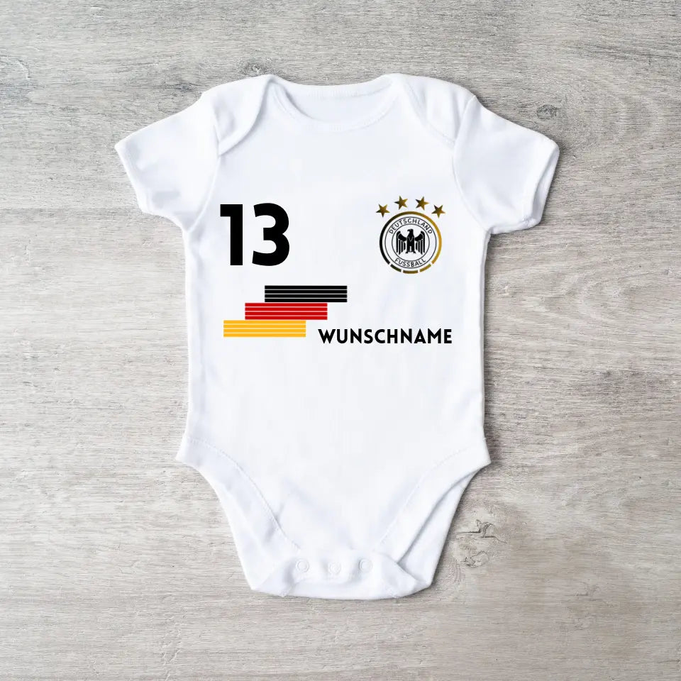 Deutschland Trikot Strampler - Personalisierter Baby-Onesie, Body mit anpassbarem Namen und Trikotnummer, 100% Bio-Baumwolle,