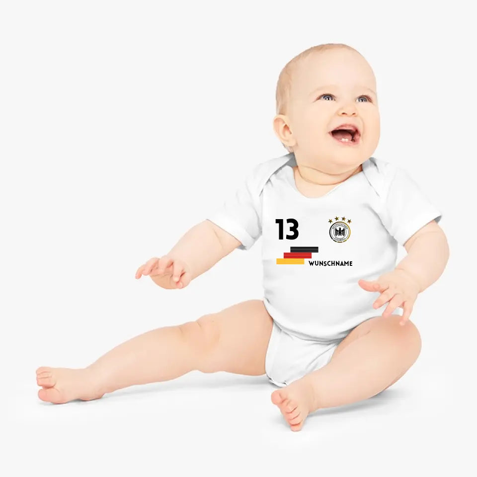 Deutschland Trikot Strampler - Personalisierter Baby-Onesie, Body mit anpassbarem Namen und Trikotnummer, 100% Bio-Baumwolle,