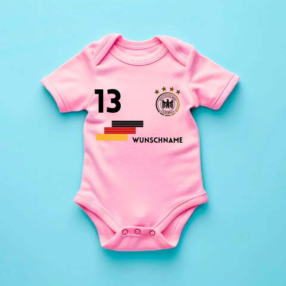 Deutschland Trikot Strampler - Personalisierter Baby-Onesie, Body mit anpassbarem Namen und Trikotnummer, 100% Bio-Baumwolle,