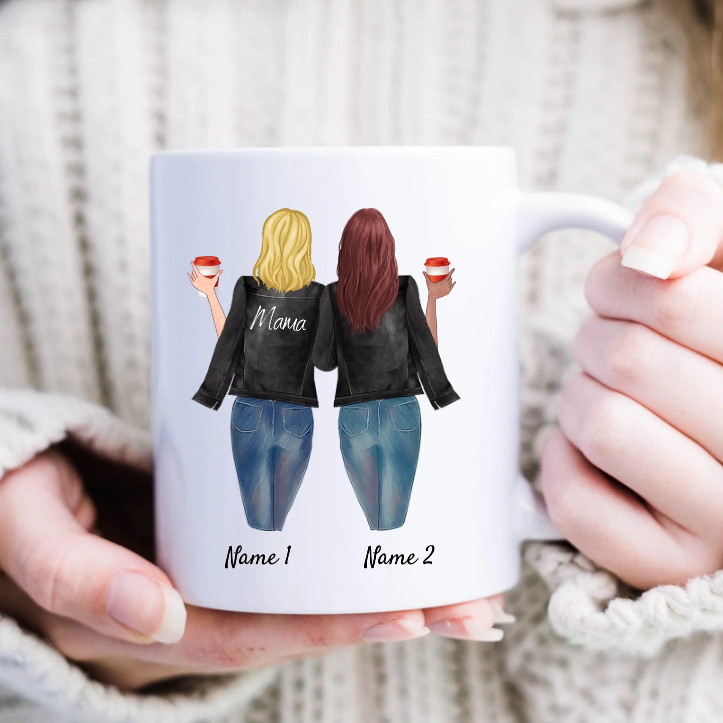 An meine Mama - Personalisierte Tasse (Mutter mit Kindern in Lederjacke)