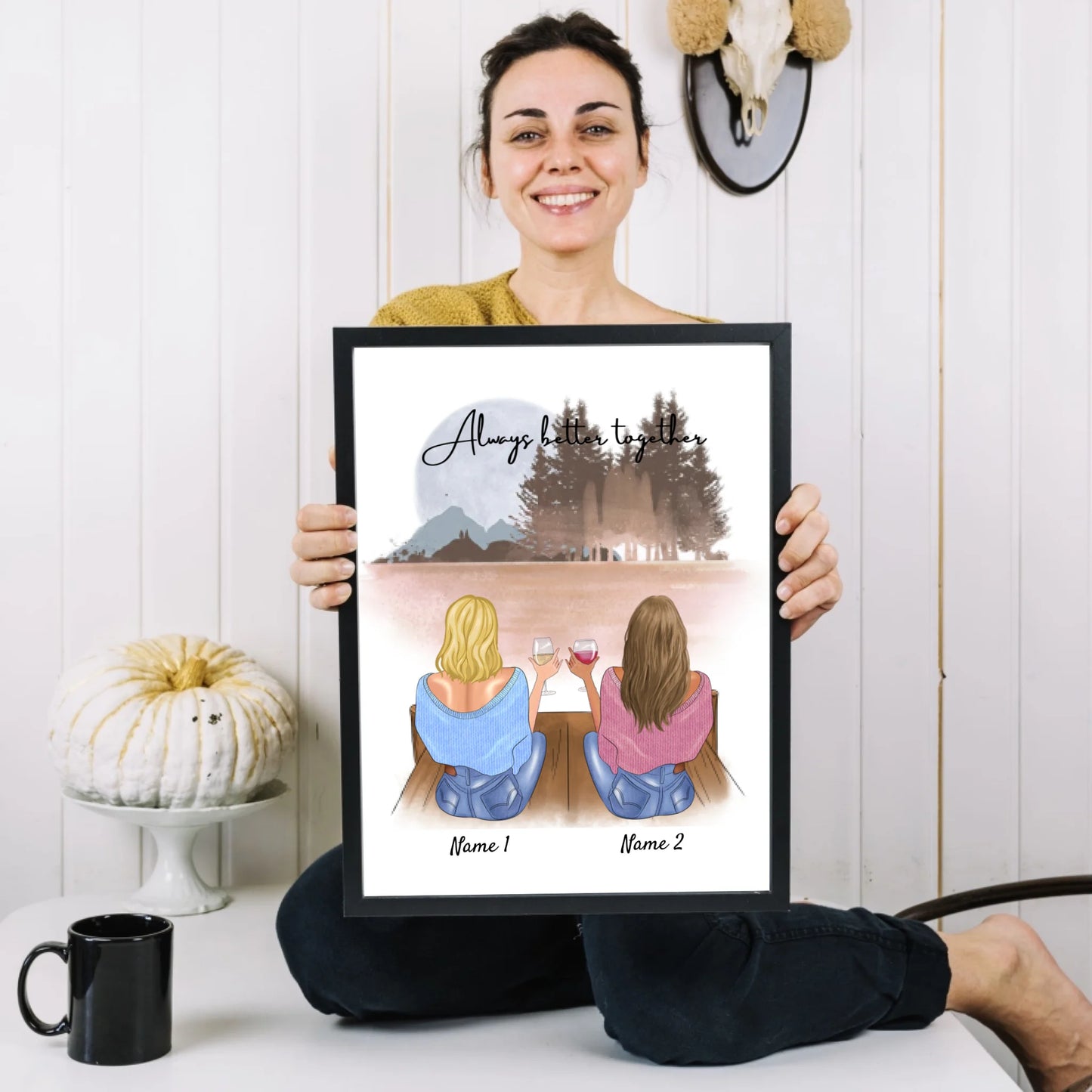 Freundinnen/ Schwestern mit Getränk - Personalisiertes Poster (2-4 Frauen)