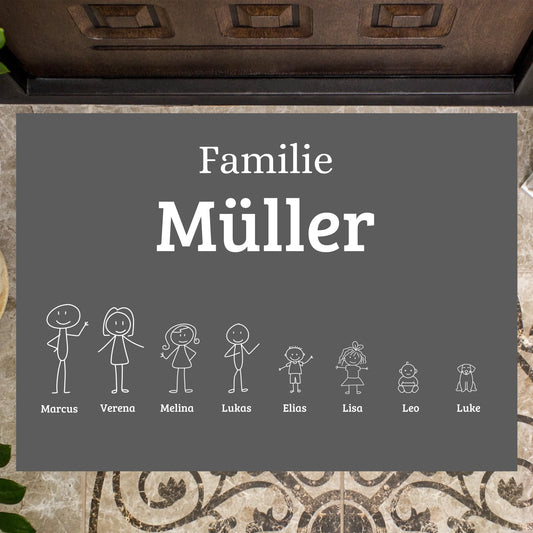 Strichmännchen Familie - Personalisierte Fußmatte mit der ganzen Familie (Kinder, Haustiere)