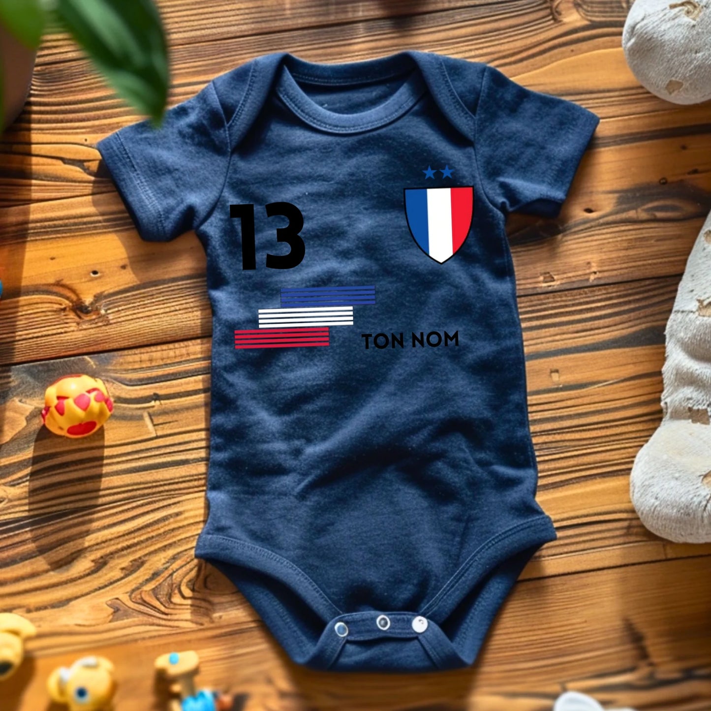 Maillot de foot France - Body bébé personnalisé avec prénom et numéro de maillot personnalisables, 100% coton bio, World Cup 2026