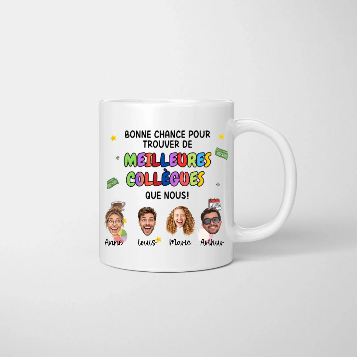 Tasse d'adieu « Bonne chance » personnalisée pour les collègues, avec des visages découpés