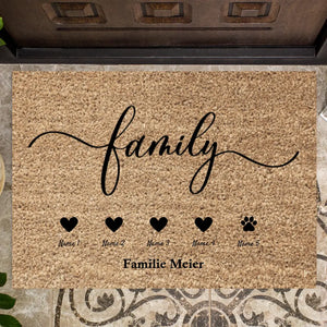 Familie Herzchen - Personalisierte Familien Fußmatte (2-8 Personen, Kinder & Hunde, Katzen)