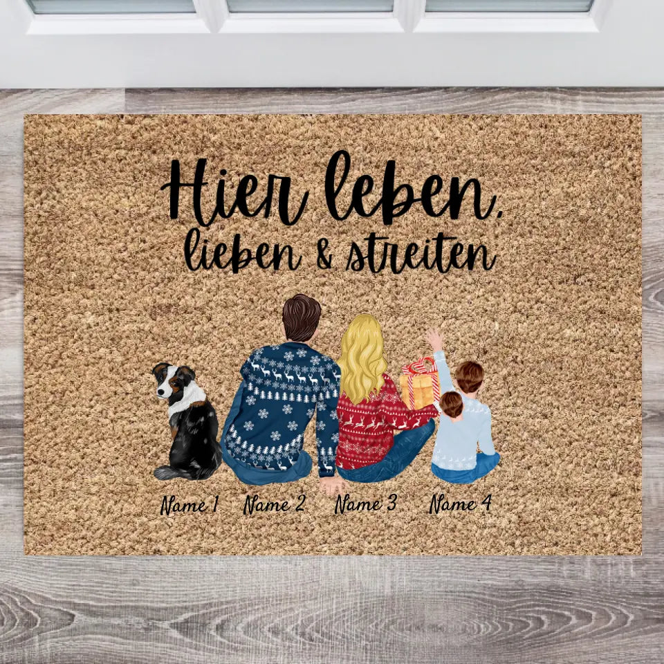 Familie an Weihnachten mit Kinder & Haustiere - Personalisierte Fußmatte