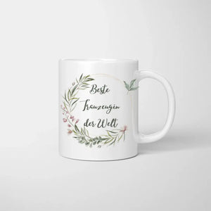 Braut mit Trauzeugin/ Brautjungfer - Personalisierte Tasse zur Verlobung/ Hochzeit