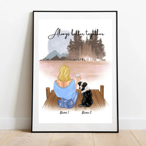 Frauchen mit Haustier - Personalisiertes Poster (Frau mit 1-2 Katzen oder Hunde)