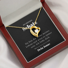 Laden Sie das Bild in den Galerie-Viewer, Liebe meines Lebens - Halskette mit Gold-Herzanhänger &amp; personalisierter Karte (Valentinstagsgeschenk)
