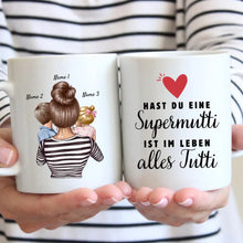 Laden Sie das Bild in den Galerie-Viewer, Supermutti, alles Tutti - Personalisierte Tasse (1-4 Kinder, Muttertag)
