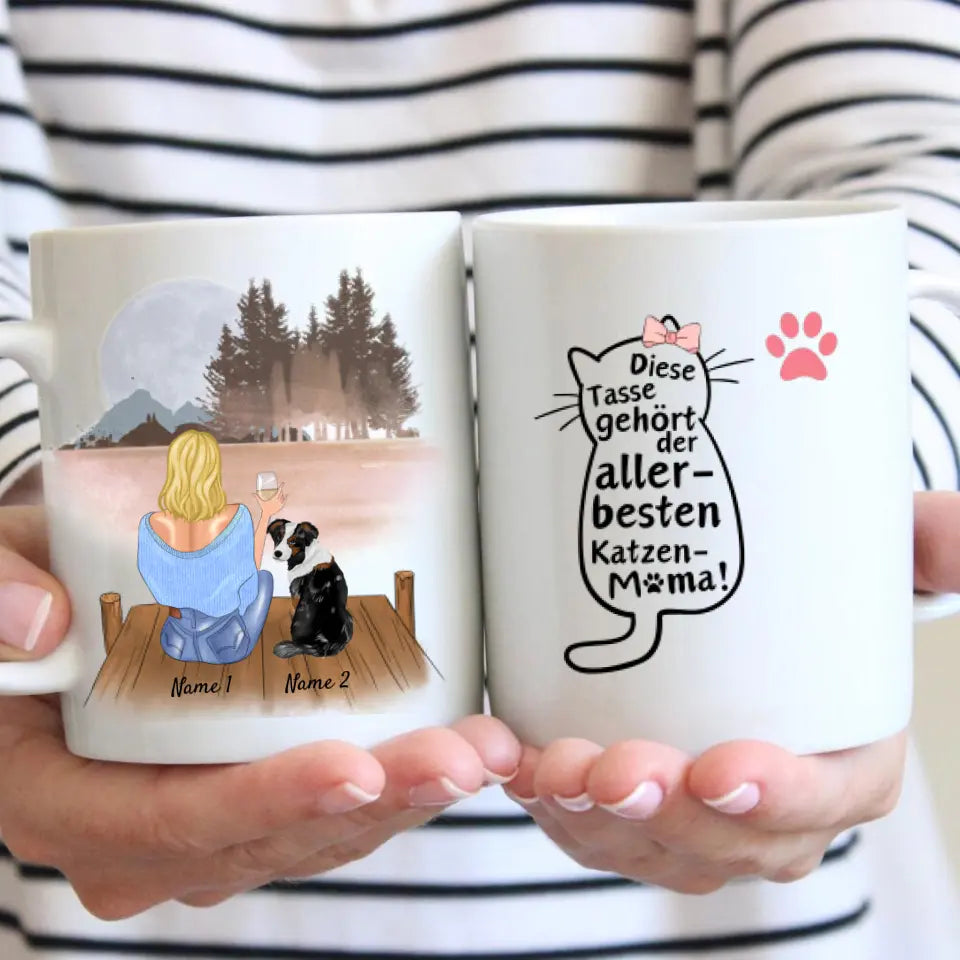 Für die beste Katzenmama - Personalisierte Tasse (Frau mit Katze oder Hund, Muttertag)