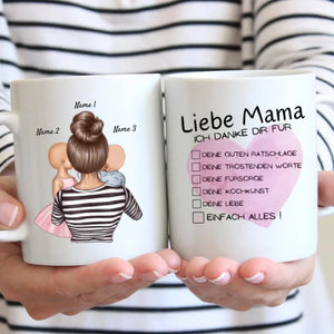 Liebe Mama, Danke für alles Checkliste - Personalisierte Tasse (1-4 Kinder, Muttertag)