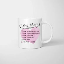 Laden Sie das Bild in den Galerie-Viewer, Liebe Mama, Danke für alles Checkliste - Personalisierte Tasse (1-4 Kinder, Muttertag)
