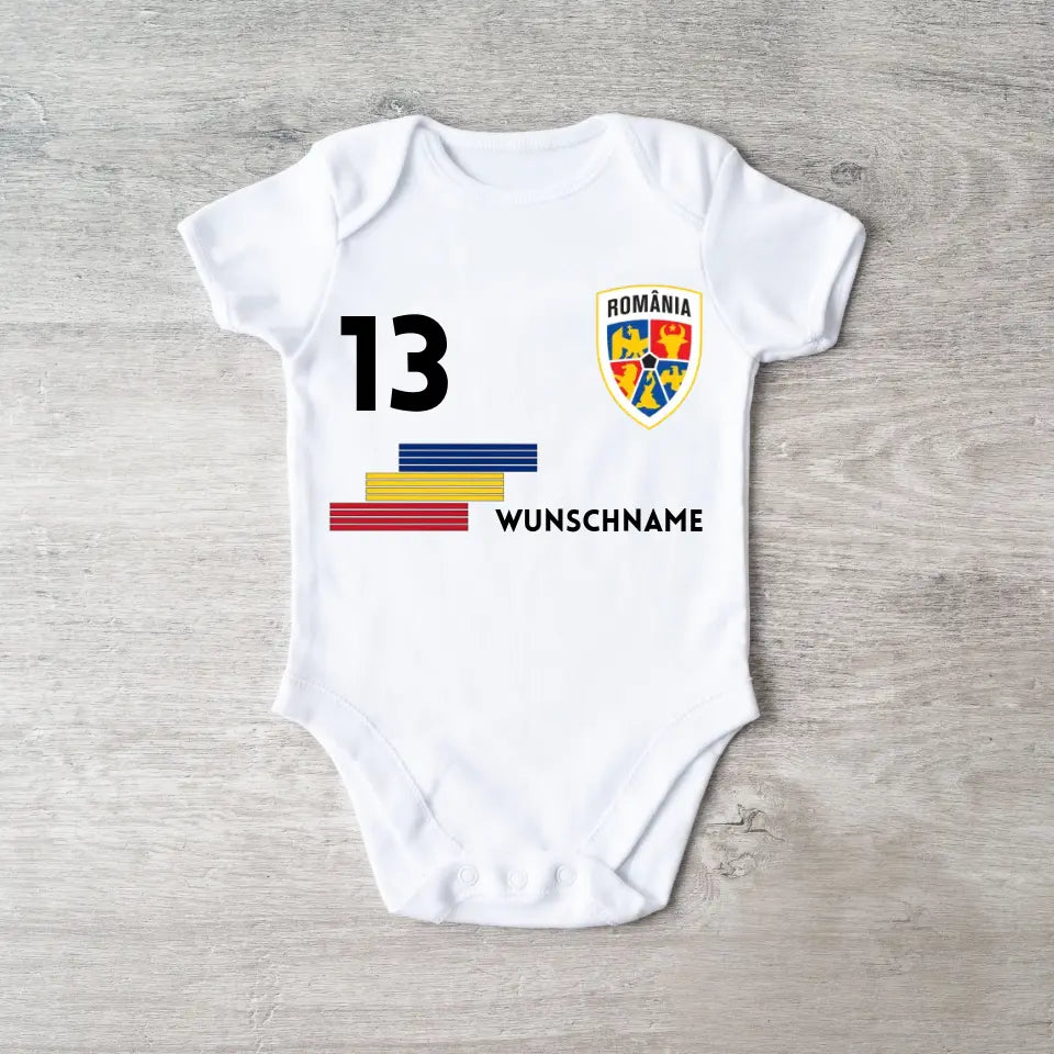 Fussball Rumänien - Personalisierter Baby-Onesie/ Strampler, Trikot mit anpassbarem Namen und Trikotnummer, 100% Bio-Baumwolle Baby Body