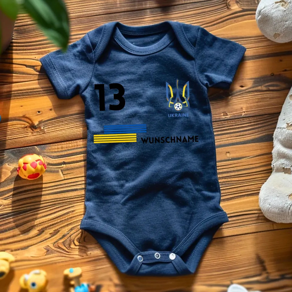 2024 Fussball EM Ukraine - Personalisierter Baby-Onesie/ Strampler, Trikot mit anpassbarem Namen und Trikotnummer, 100% Bio-Baumwolle Baby Body