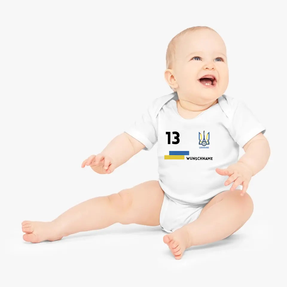 2024 Fussball EM Ukraine - Personalisierter Baby-Onesie/ Strampler, Trikot mit anpassbarem Namen und Trikotnummer, 100% Bio-Baumwolle Baby Body