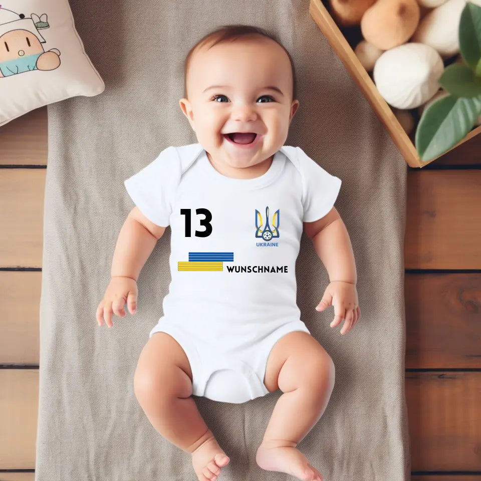 2024 Fussball EM Ukraine - Personalisierter Baby-Onesie/ Strampler, Trikot mit anpassbarem Namen und Trikotnummer, 100% Bio-Baumwolle Baby Body