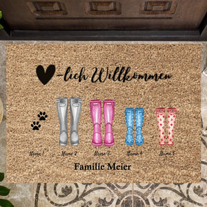 Herzlich Willkommen Gummistiefel - Personalisierte Fußmatte  für innen & aussen (2-8 Personen, Kinder, Babys & Haustiere)