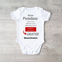 Laden Sie das Bild in den Galerie-Viewer, Baby Preisliste, Windeln wechseln gratis - Personalisierter Baby-Onesie/ Strampler, witziges Weihnachtsgeschenk, 100% Bio-Baumwolle
