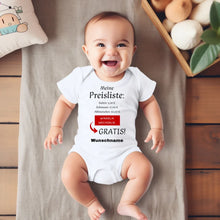 Laden Sie das Bild in den Galerie-Viewer, Baby Preisliste, Windeln wechseln gratis - Personalisierter Baby-Onesie/ Strampler, witziges Weihnachtsgeschenk, 100% Bio-Baumwolle
