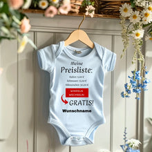 Laden Sie das Bild in den Galerie-Viewer, Baby Preisliste, Windeln wechseln gratis - Personalisierter Baby-Onesie/ Strampler, witziges Weihnachtsgeschenk, 100% Bio-Baumwolle
