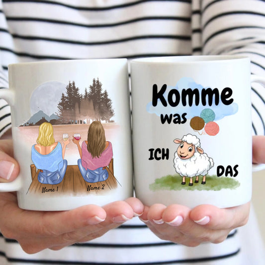 Komme was Wolle, ich Schaf das - Personalisierte Tasse (2-4 Personen) für Freundinnen, Kolleginnen, Geschwister, Stricken/ Häkeln witziges Geschenk