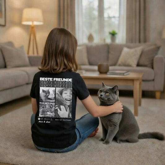 Personalisiertes Kinder T-Shirt Katzenfreund "Beste Freunde" (Schwarz, 100% Baumwolle, Unisex)