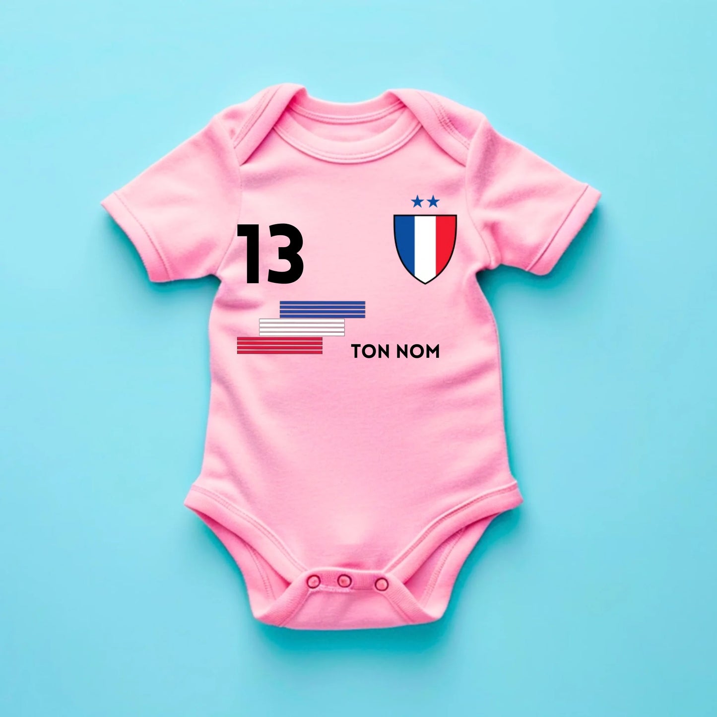 Maillot de foot France - Body bébé personnalisé avec prénom et numéro de maillot personnalisables, 100% coton bio, World Cup 2026