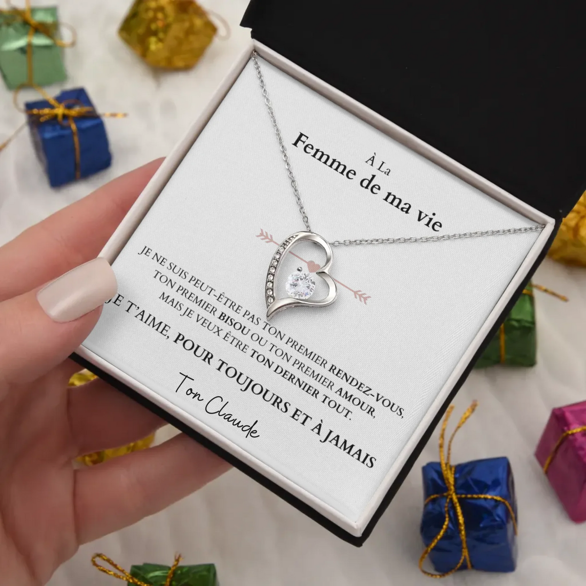 Je t'aime, pour toujours et à jamais - Collier avec pendentif coeur & carte personnalisée