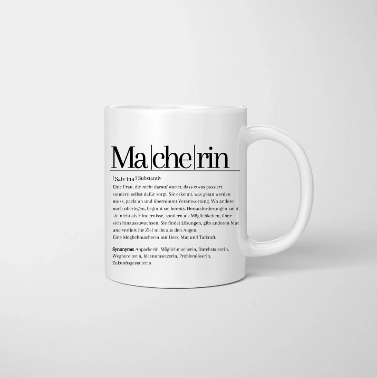 Definition Macherin/ Macher - Personalisierte Tasse für Freundinnen, Kolleginnen, witziges Geschenk