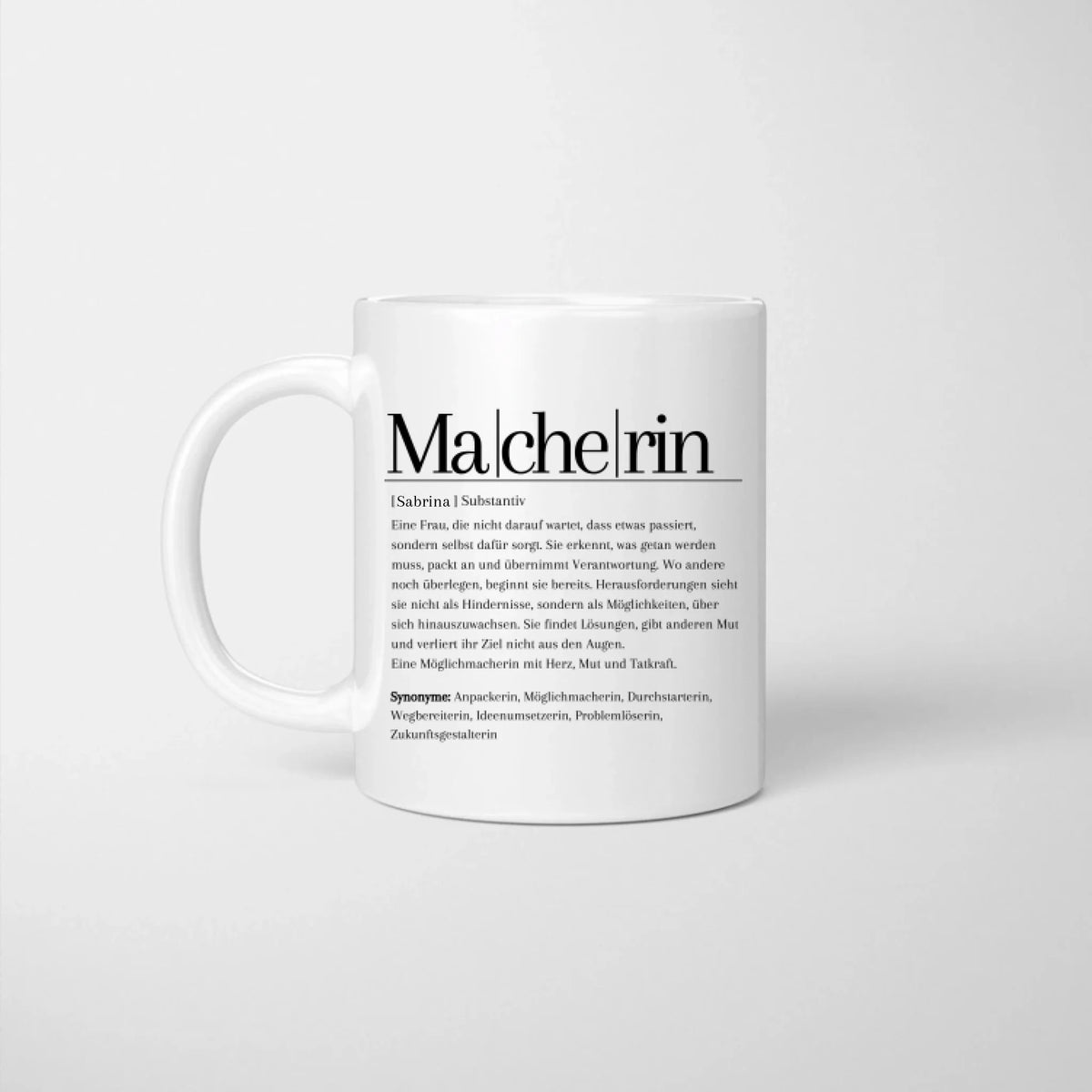 Definition Macherin/ Macher - Personalisierte Tasse für Freundinnen, Kolleginnen, witziges Geschenk
