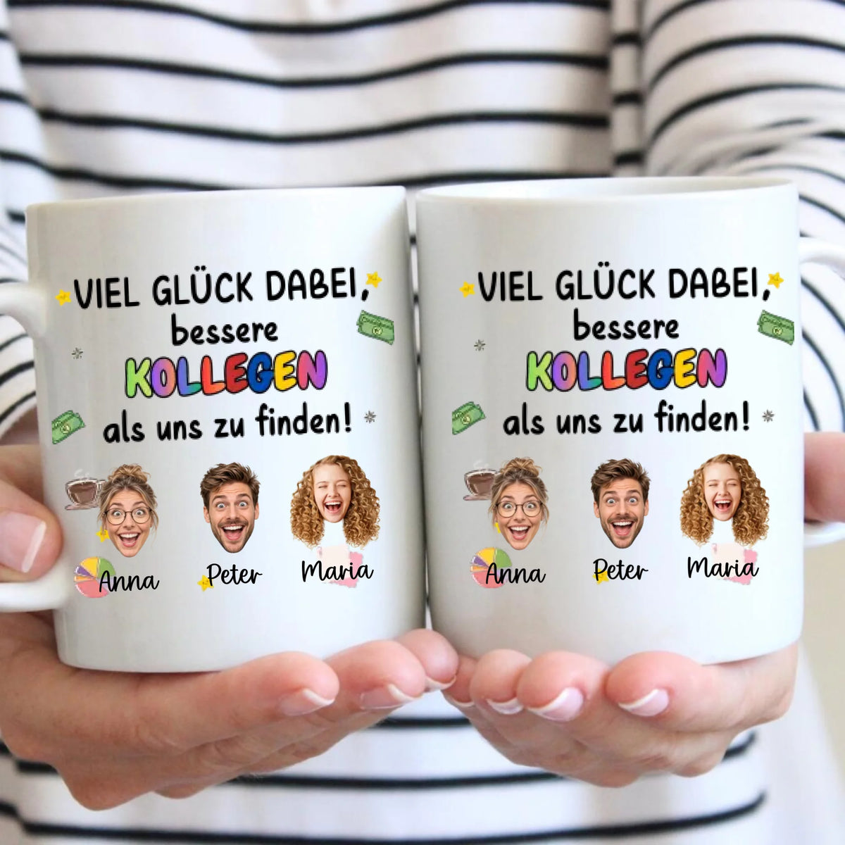 Viel Glück Abschieds Tasse Kollegen/ Kolleginnen mit ausgeschnittenen Gesichtern