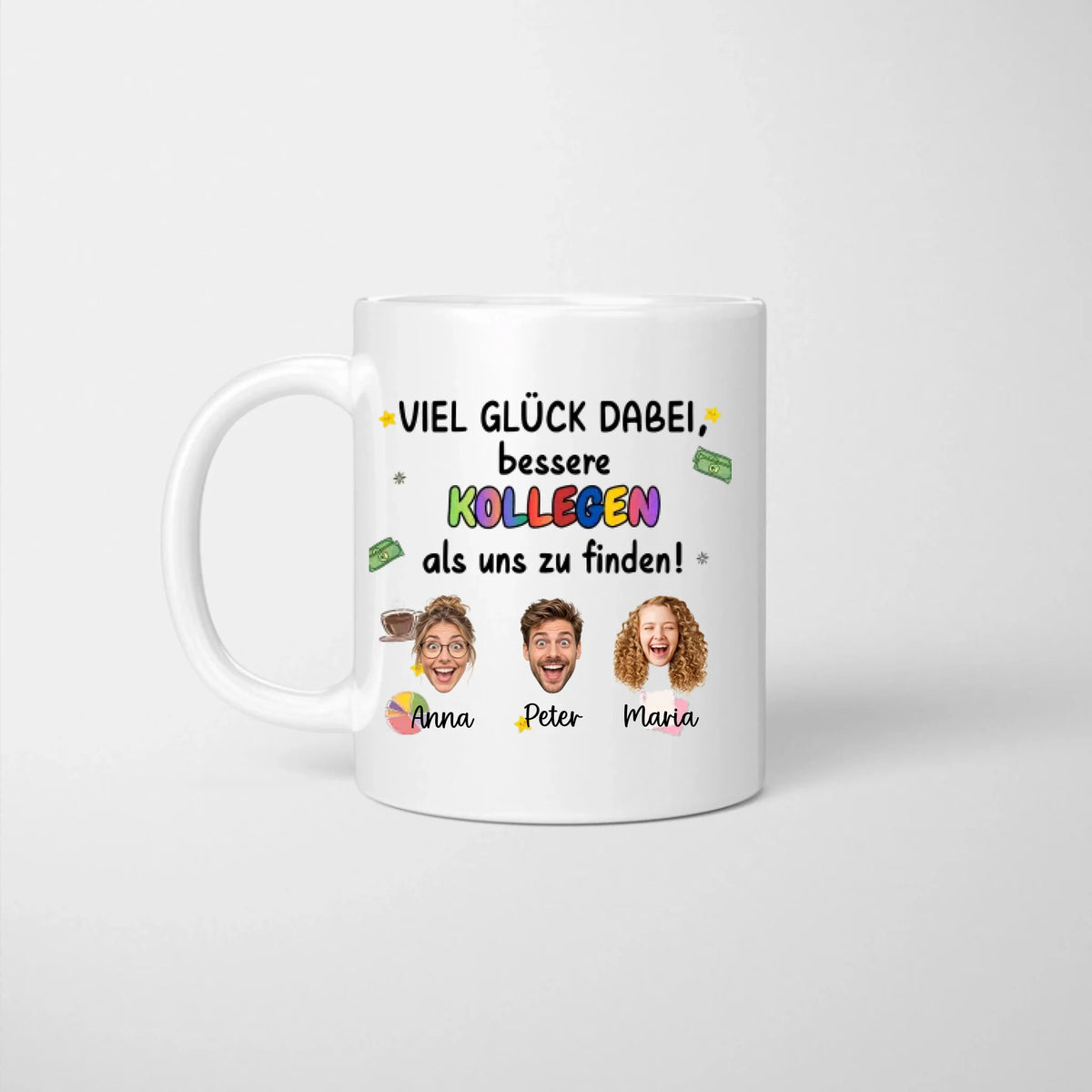 Viel Glück Abschieds Tasse Kollegen/ Kolleginnen mit ausgeschnittenen Gesichtern