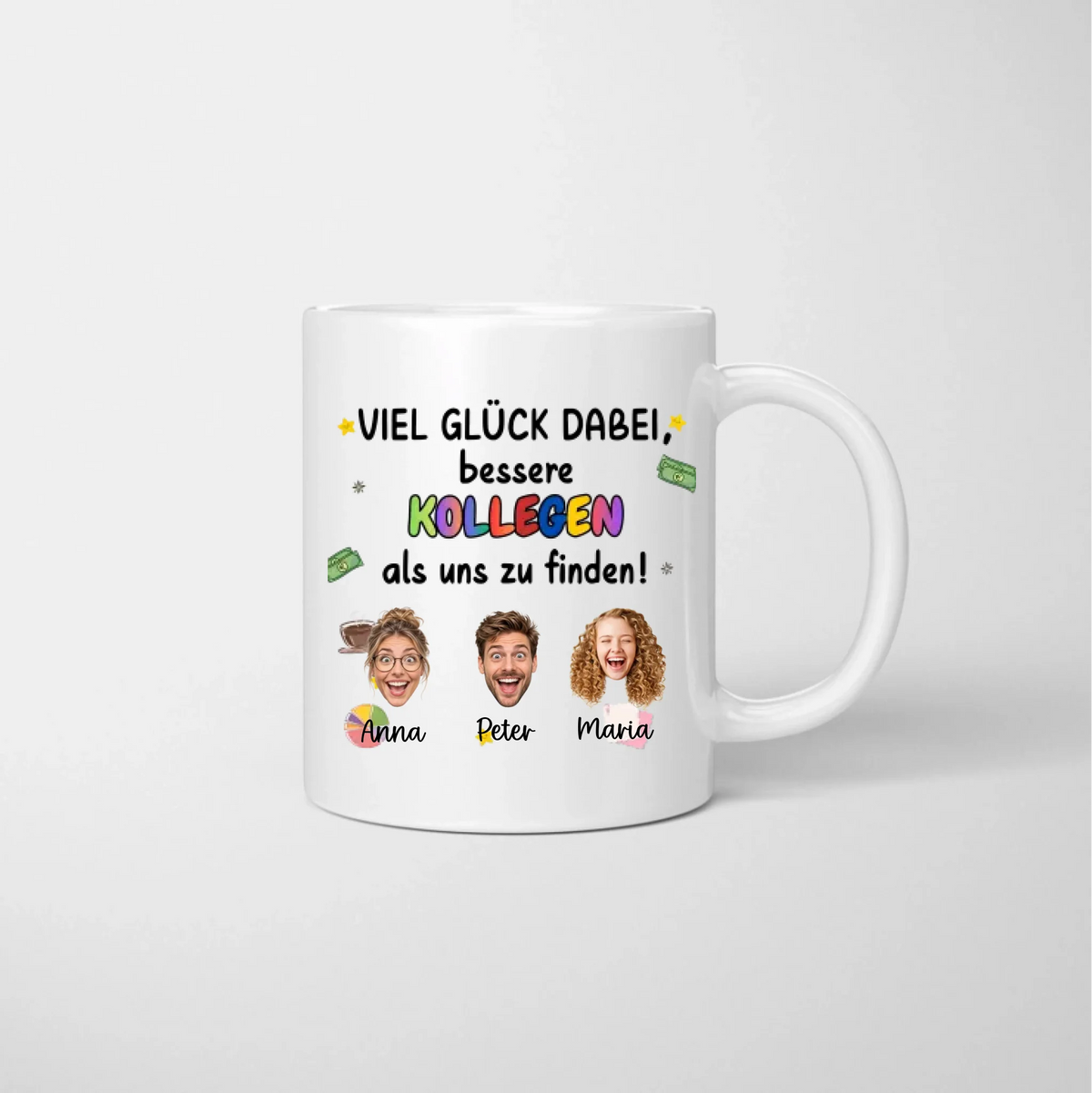 Viel Glück Abschieds Tasse Kollegen/ Kolleginnen mit ausgeschnittenen Gesichtern