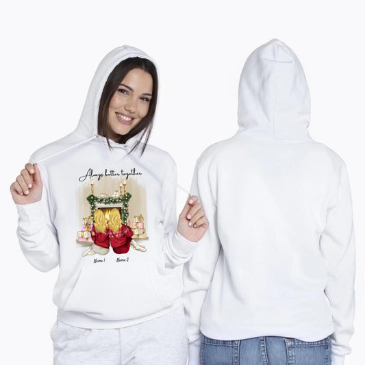 Beste Freundinnen Weihnachten am Kamin - Personalisierter Kapuzen-Pullover Unisex (2-3 Frauen)